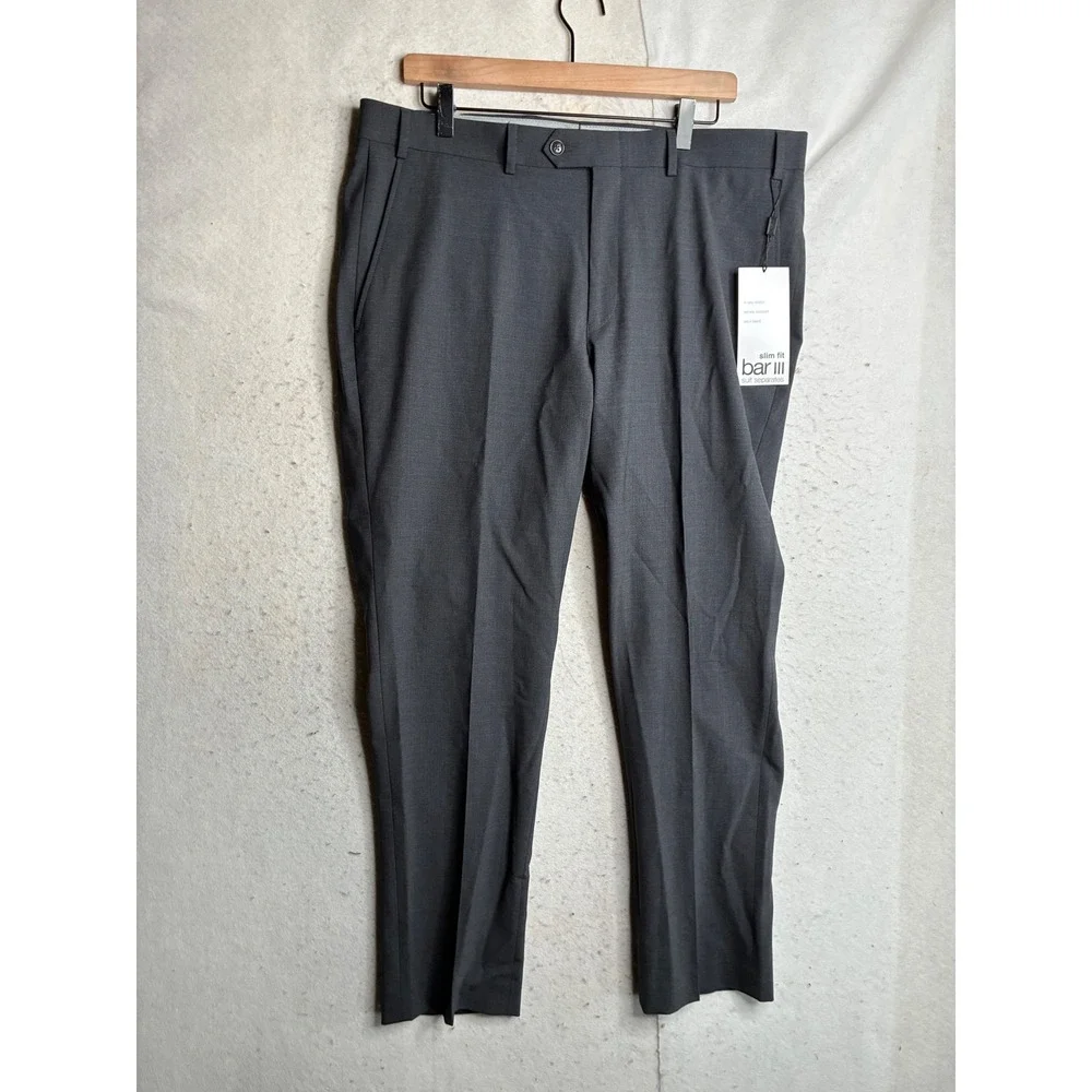 NWT Bar III Mens Slim Fit Power Stretch Wool Blend Suit Pants Gray 36W 30L